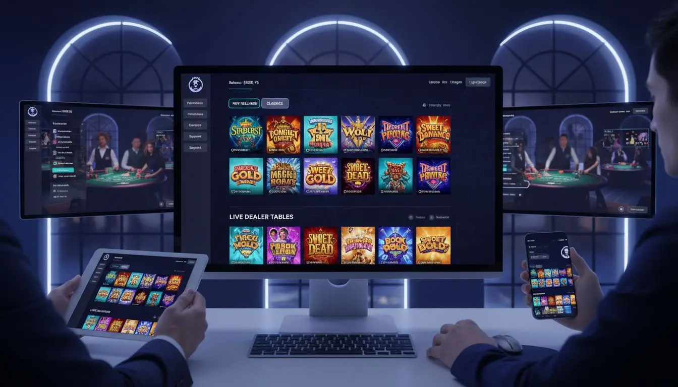 Casino game lobby showing slots and live dealer tables with new and classic filters.