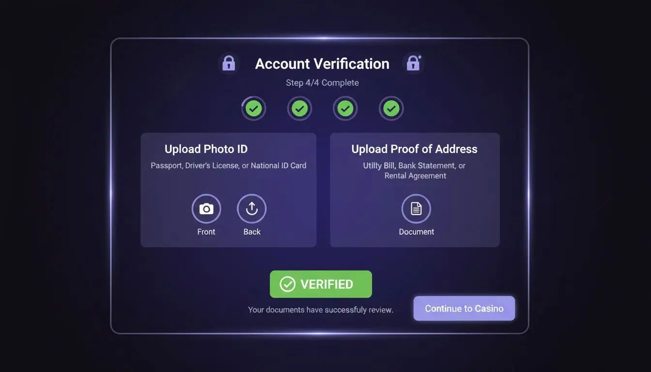 Verification screen for KYC showing secure document upload and verification steps.