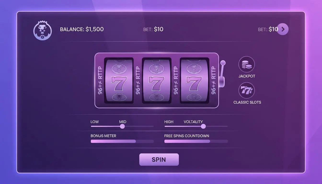 Slot reels with RTP labels and volatility sliders beside jackpot and classics icons.