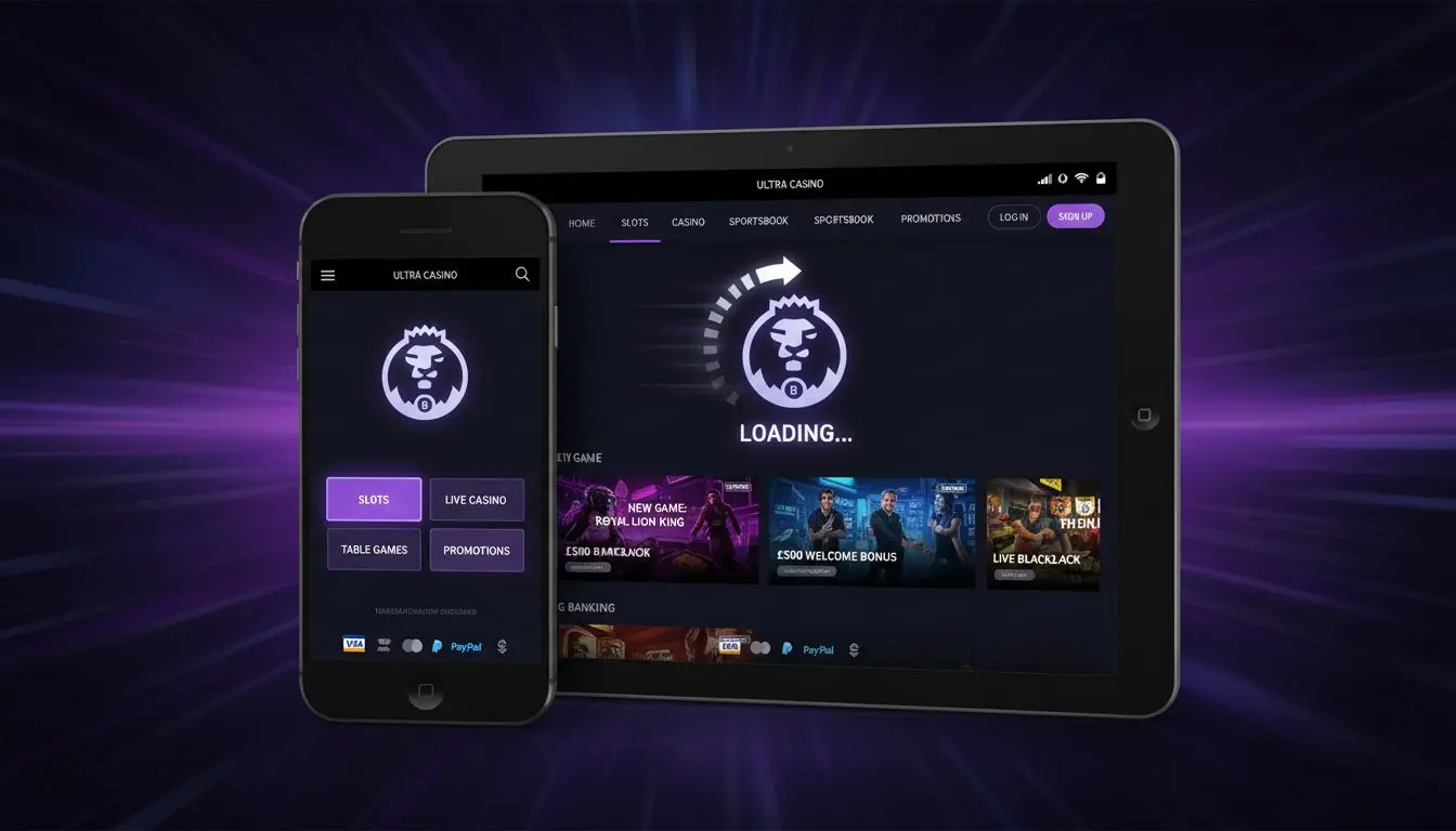 Mobile device screens displaying responsive casino interface with banking and menu options.