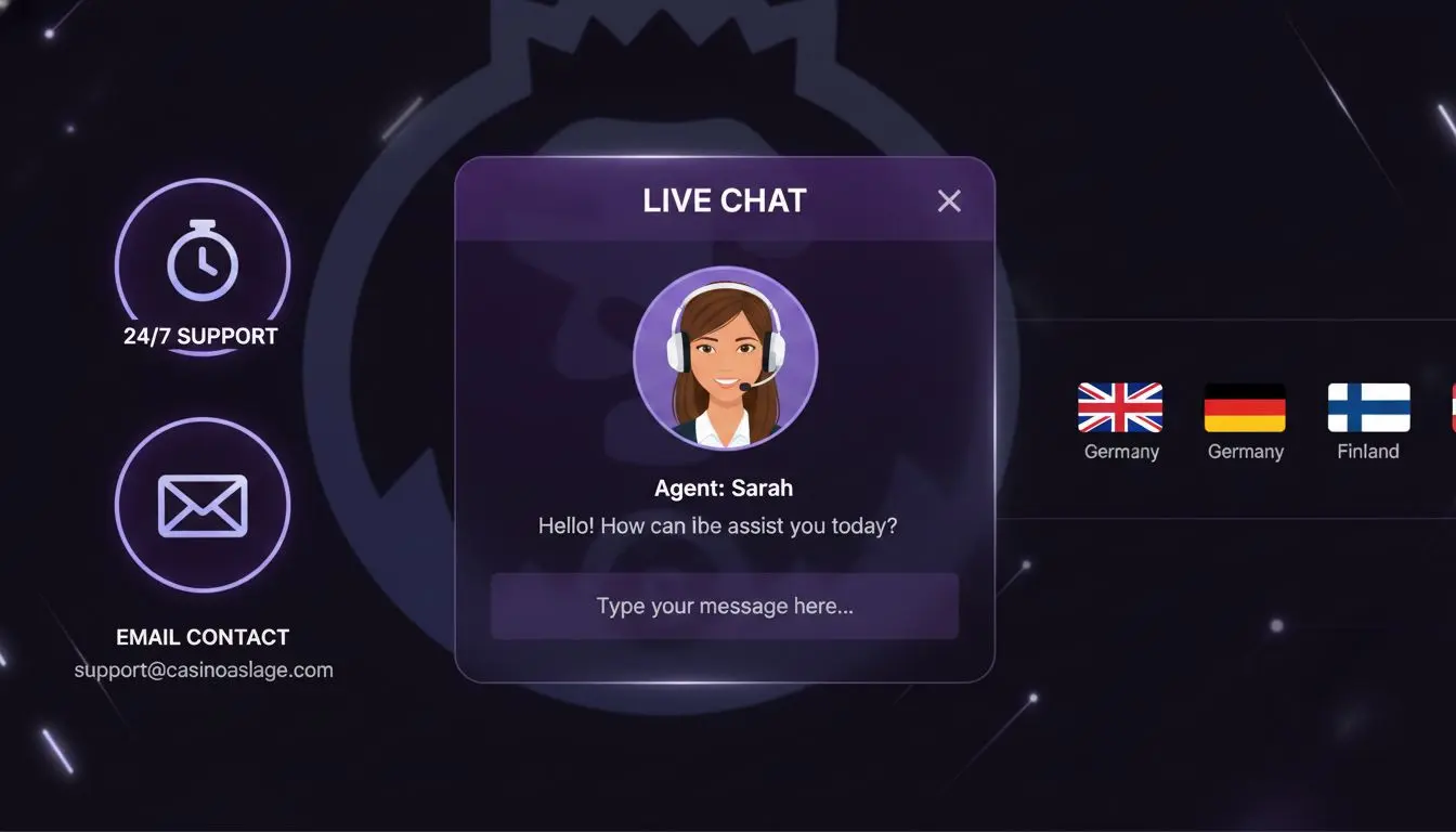 Support chat box and contact options with multilingual support icons.